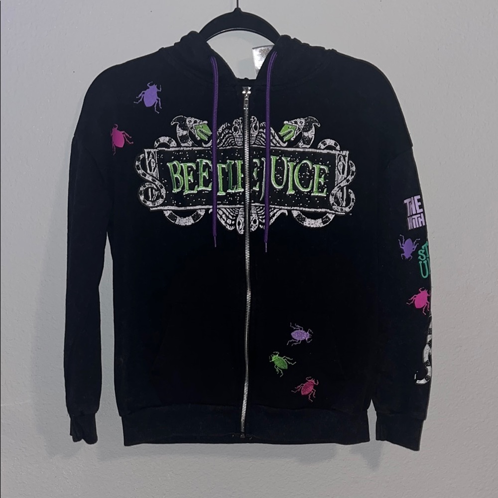Black Beetlejuice Hoodie with Colorful Beetles (XS)